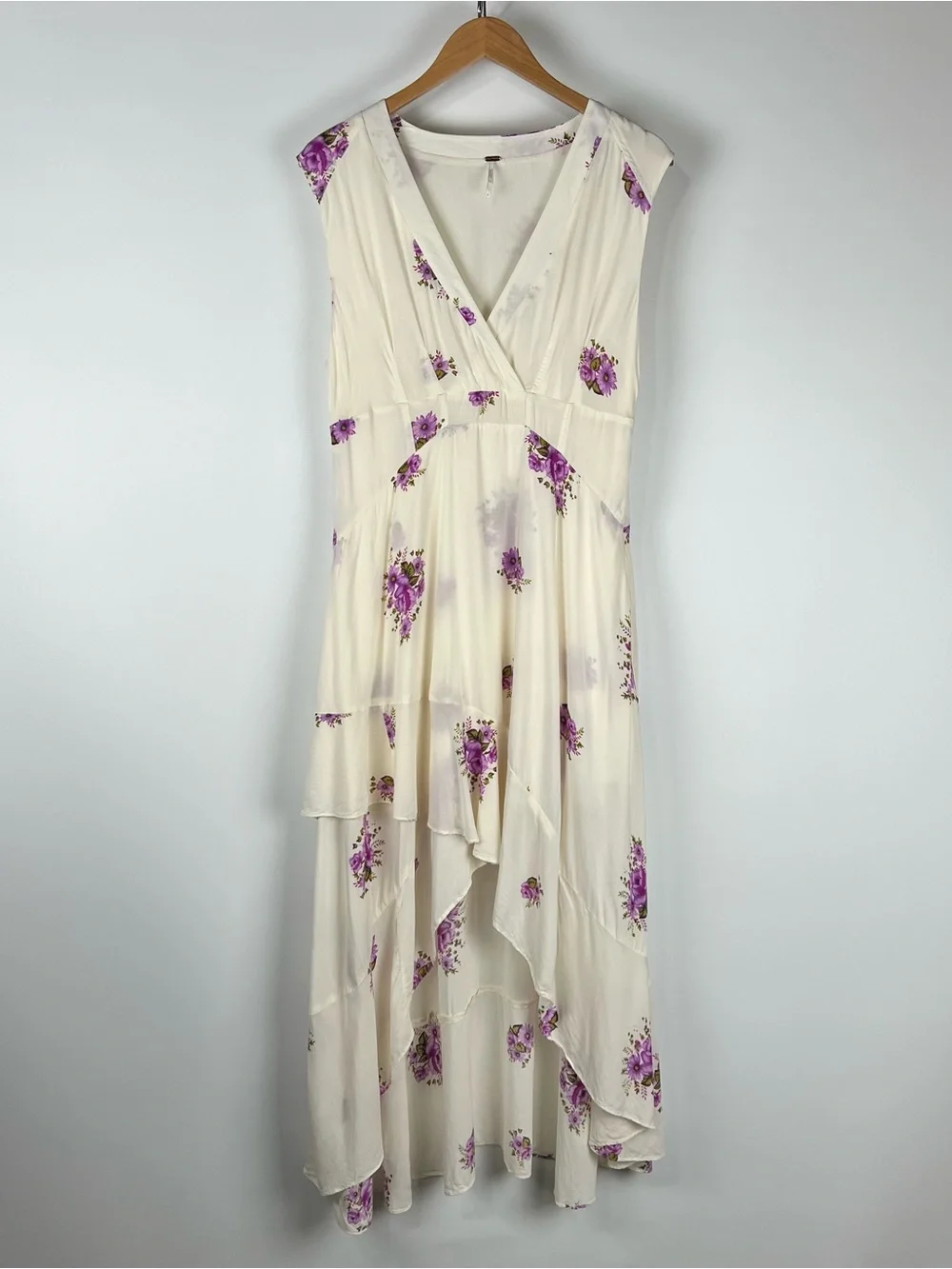Free People Birdie Floral High-Low Midi Dress Feminine Boho Ivory Purple Size 8